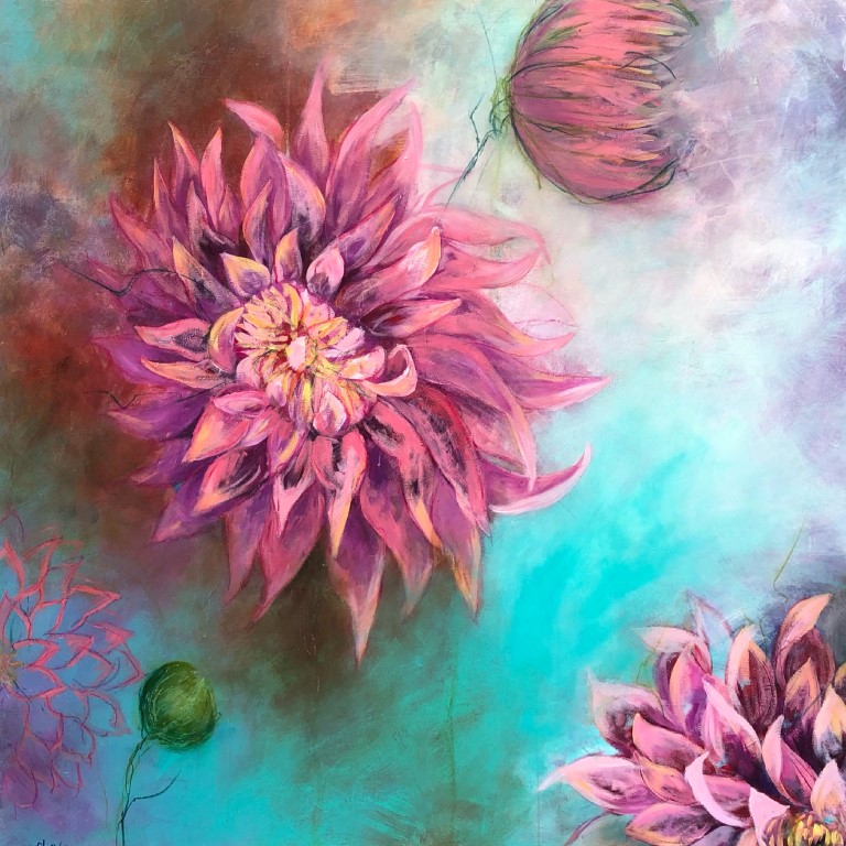 nature,mixed media paintings,plants, leaves, flower painting, garden painting, home décor, dahlia flower